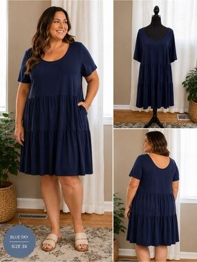 Blue Sky Navy Tiered Scoop Neck Midi Dress